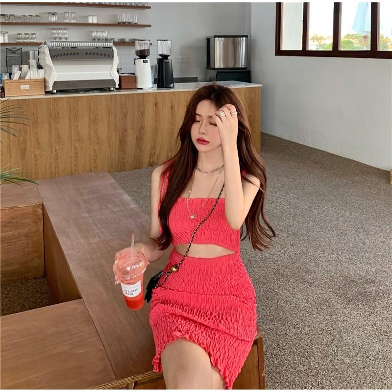 Đầm hai dây thắt nơ bèo nhún cut hở eo summer 2021