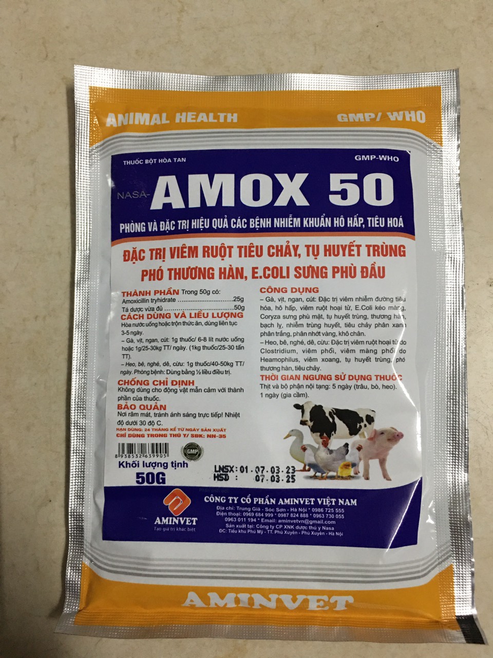 Amox 50% aminvet (50gam) viêm ruột, tiêu chảy, tụ huyết trùng gia súc, gia cầm