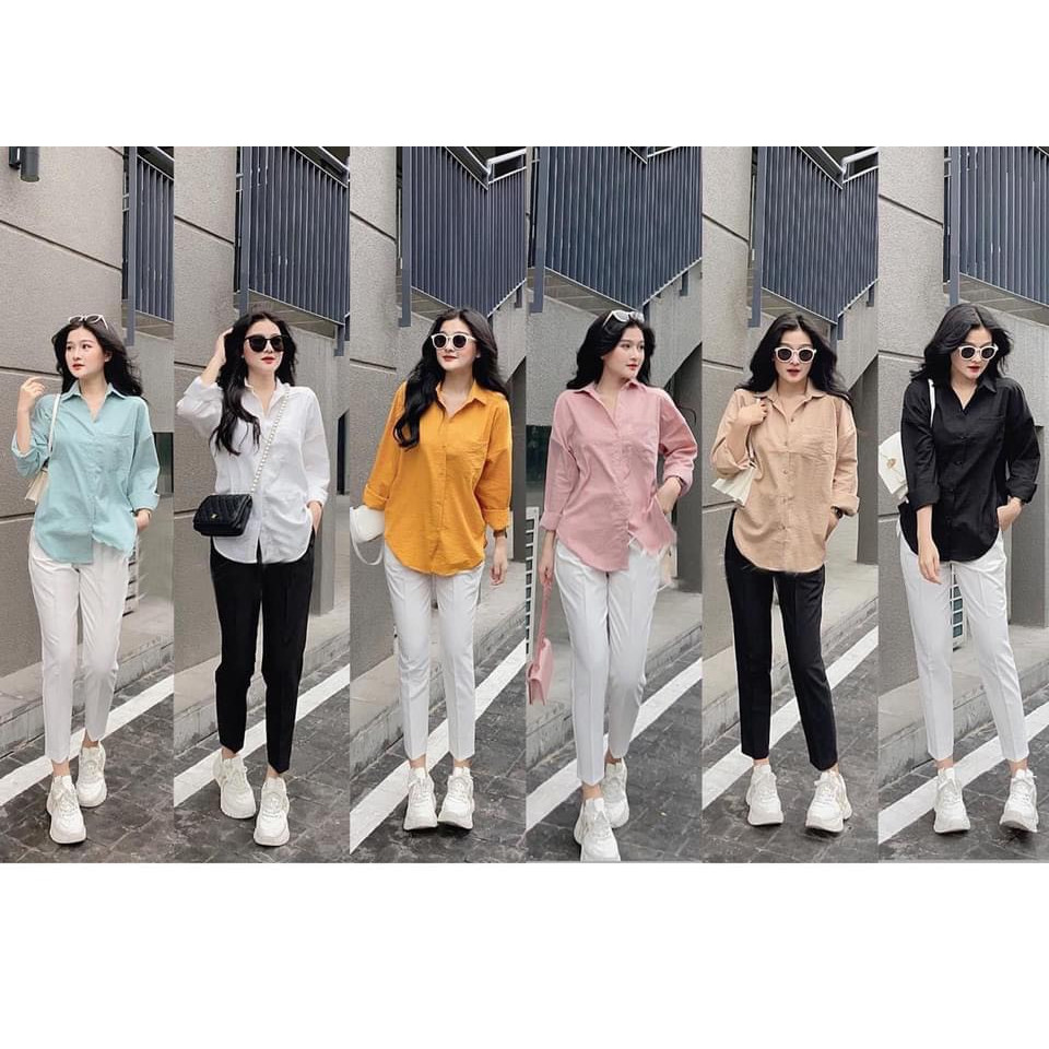 Áo sơ mi nữ dài tay vạt tôm chất đũi nhiều màu