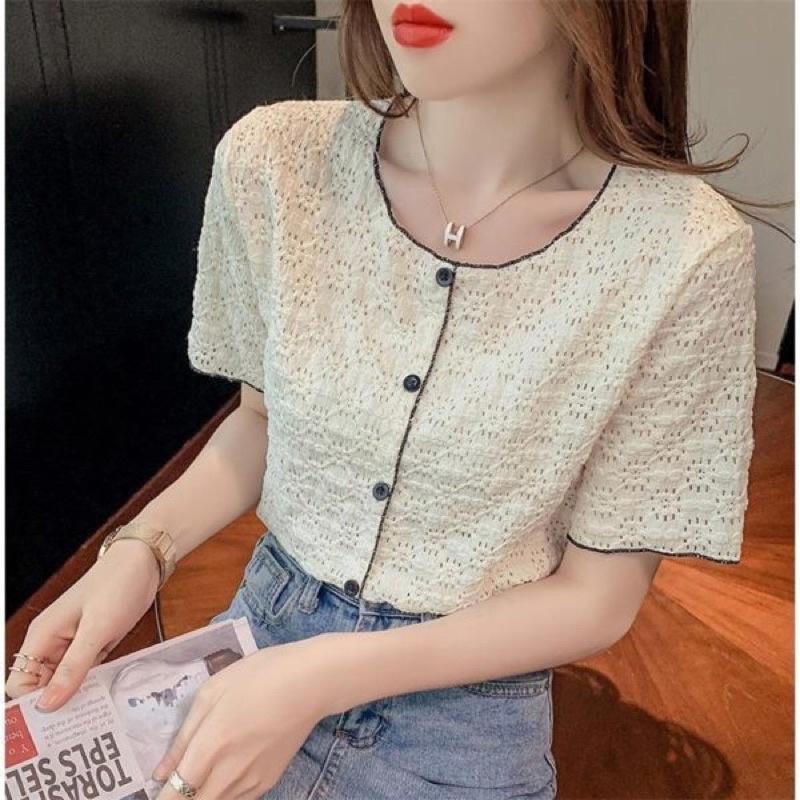 Áo sơ mi ren cổ tròn tay ngắn