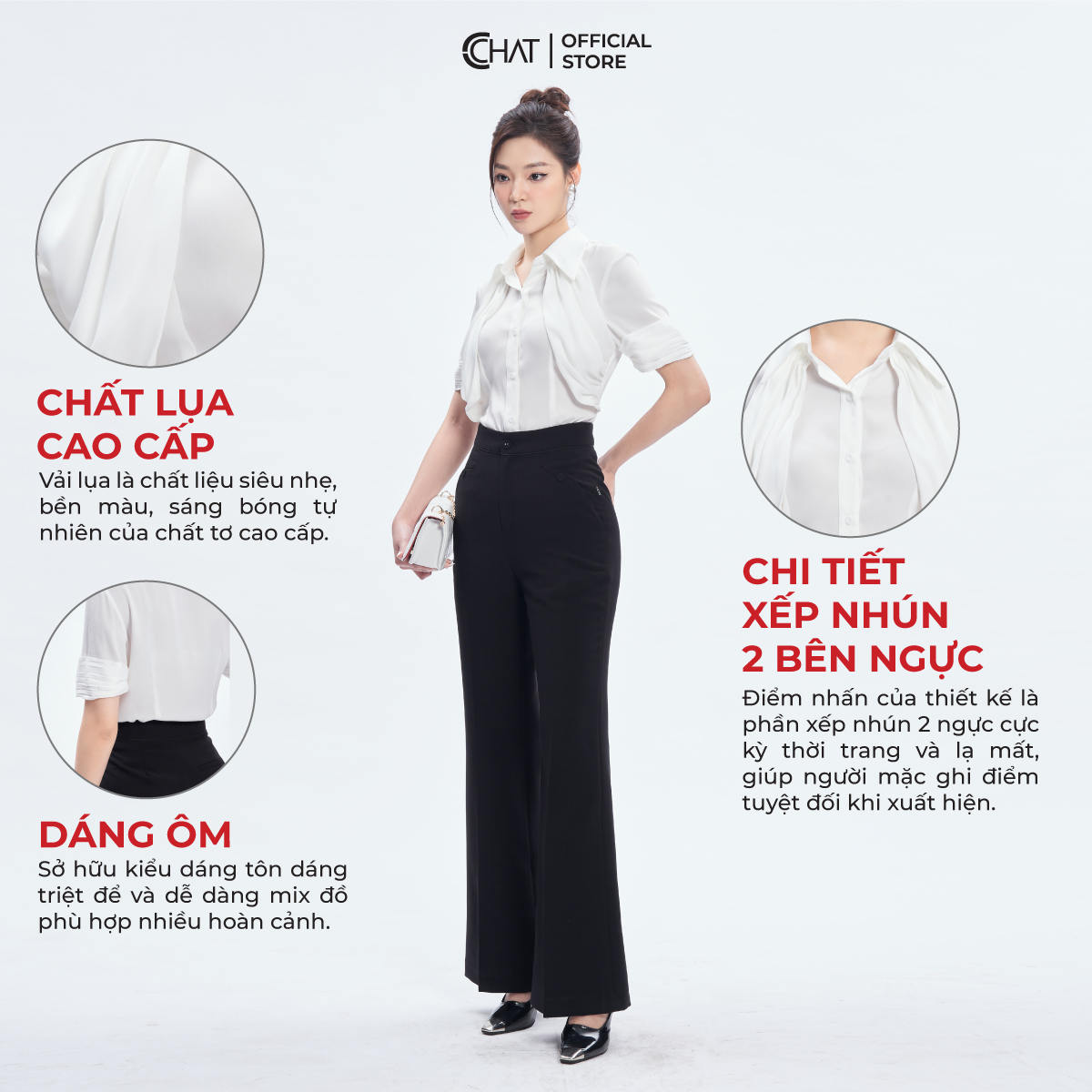 Áo Sơ Mi Nữ  Nhún Trước Ngực Chất Liệu Lụa Cao Cấp 53FNL2005OT