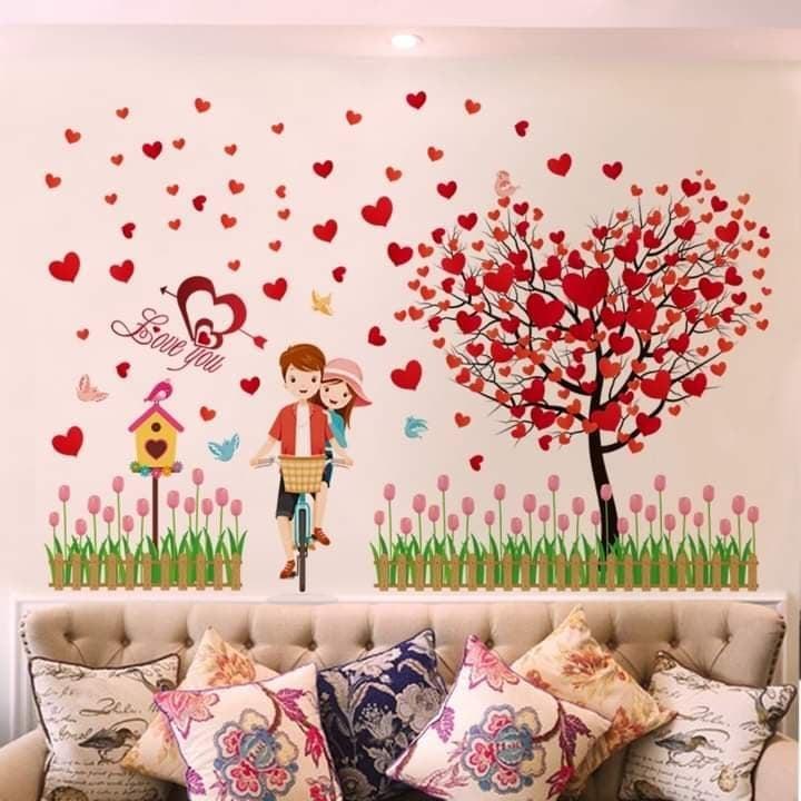 DECAL DÁN TƯỜNG HOA HỒNG ĐỎ TO VÀ CÂY TRÁI TIM CẶP ĐÔI - HP890