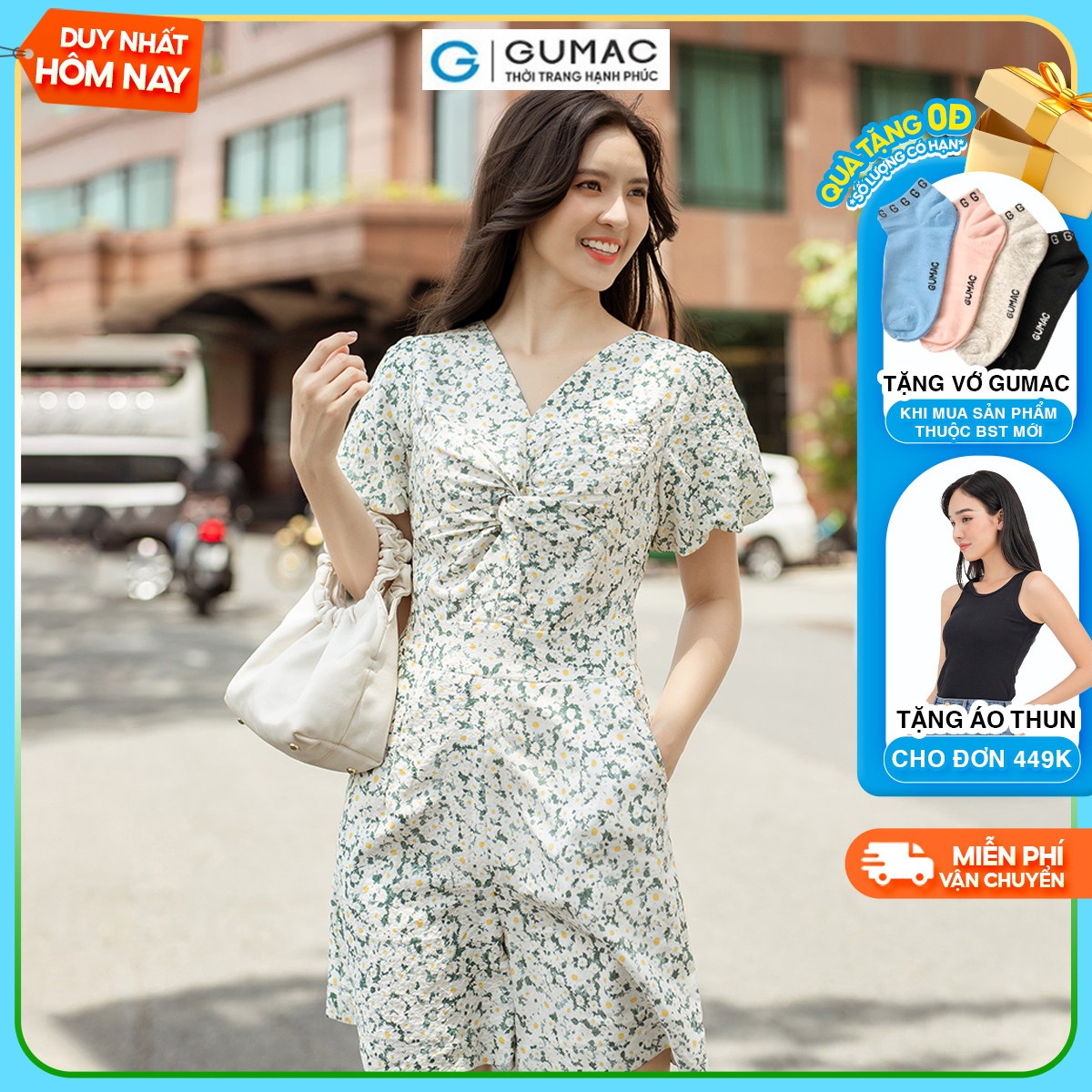 Jumpsuit hoa xoắn ngực tay bí thời thượng năng động trẻ trung thời trang GUMAC DD06035