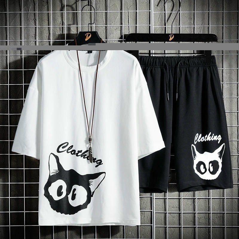 Bộ Quần Áo Thun Nam Ngắn Tay In Hình Mèo CLOTHINGS - Bộ Hè Nam Tay Cổ Tron Tay Lỡ Chất Thun Lạnh Co Dãn 4 Chiều