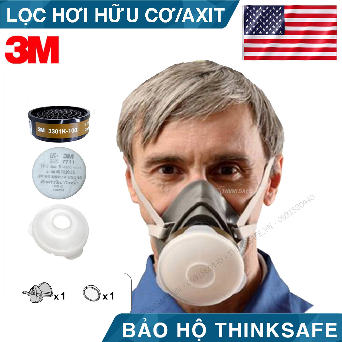 Mặt nạ phòng độc 3M 3200 kèm phin lọc 3301K-100, lọc hữu cơ/ACID mặt nạ phun thuốc bảo vệ thực vật, hơi sơn, hóa chất