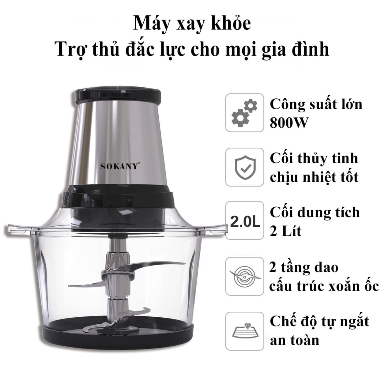 Máy Xay Thịt Đa Năng SOKANY SK7004A Cao Cấp Công Suất 800W Với Cối Thủy Tinh Dung Tích 2L Xay Nhuyễn Mọi Loại Thực Phẩm - HÀNG CHÍNH HÃNG - DELIYA
