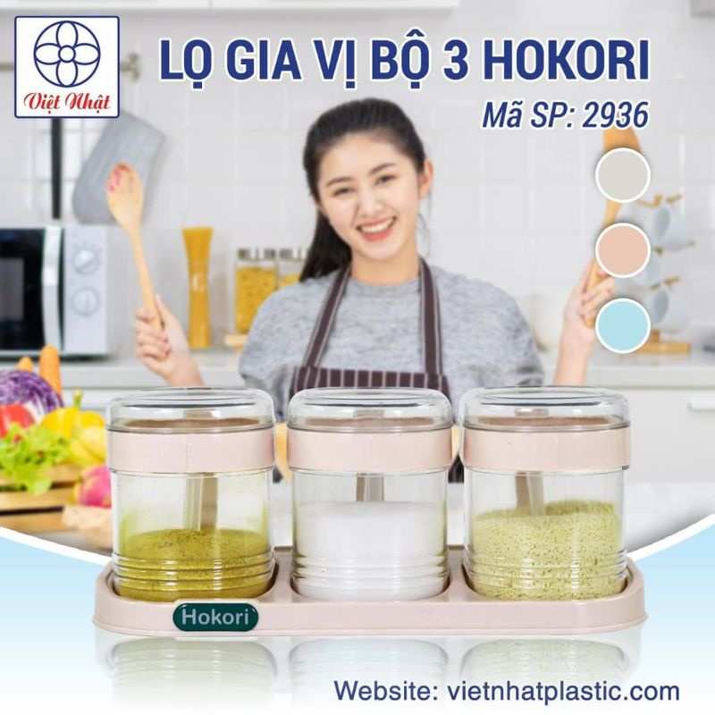Bộ 3 Hũ Đựng Gia Vị HOKORI Nhựa Việt Nhật Cao Cấp, Hũ Đựng Gia Vị Đẹp Có Kèm Thìa Tiện Lợi - Hàng Việt Nam