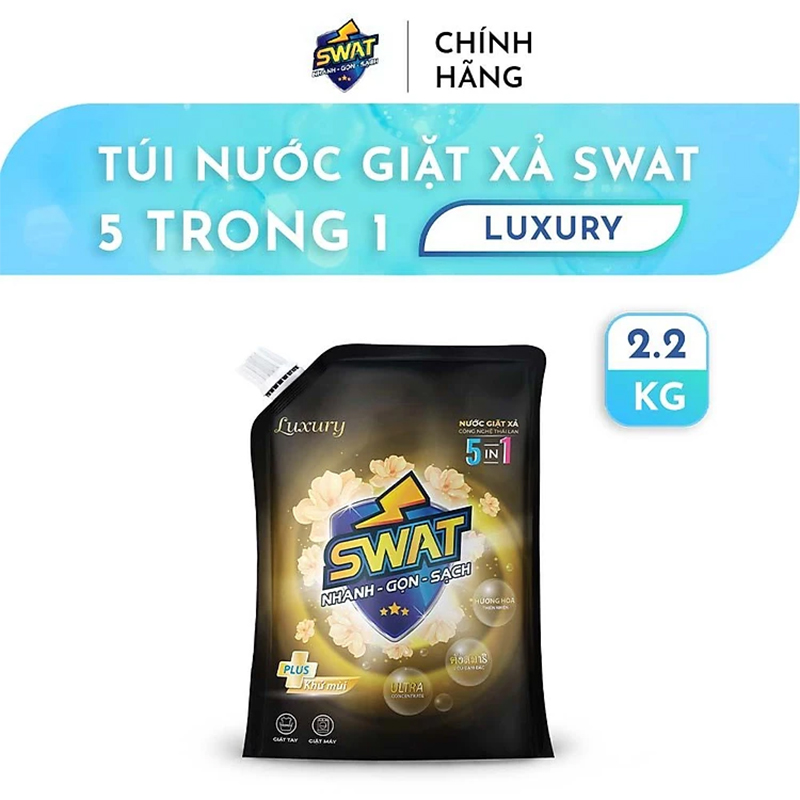 Nước Giặt Xả SWAT 5 in 1 Luxury Siêu Thơm túi 2.2kg - Siêu tiết kiệm giúp diệt khuẩn, công nghệ lưu hương kép