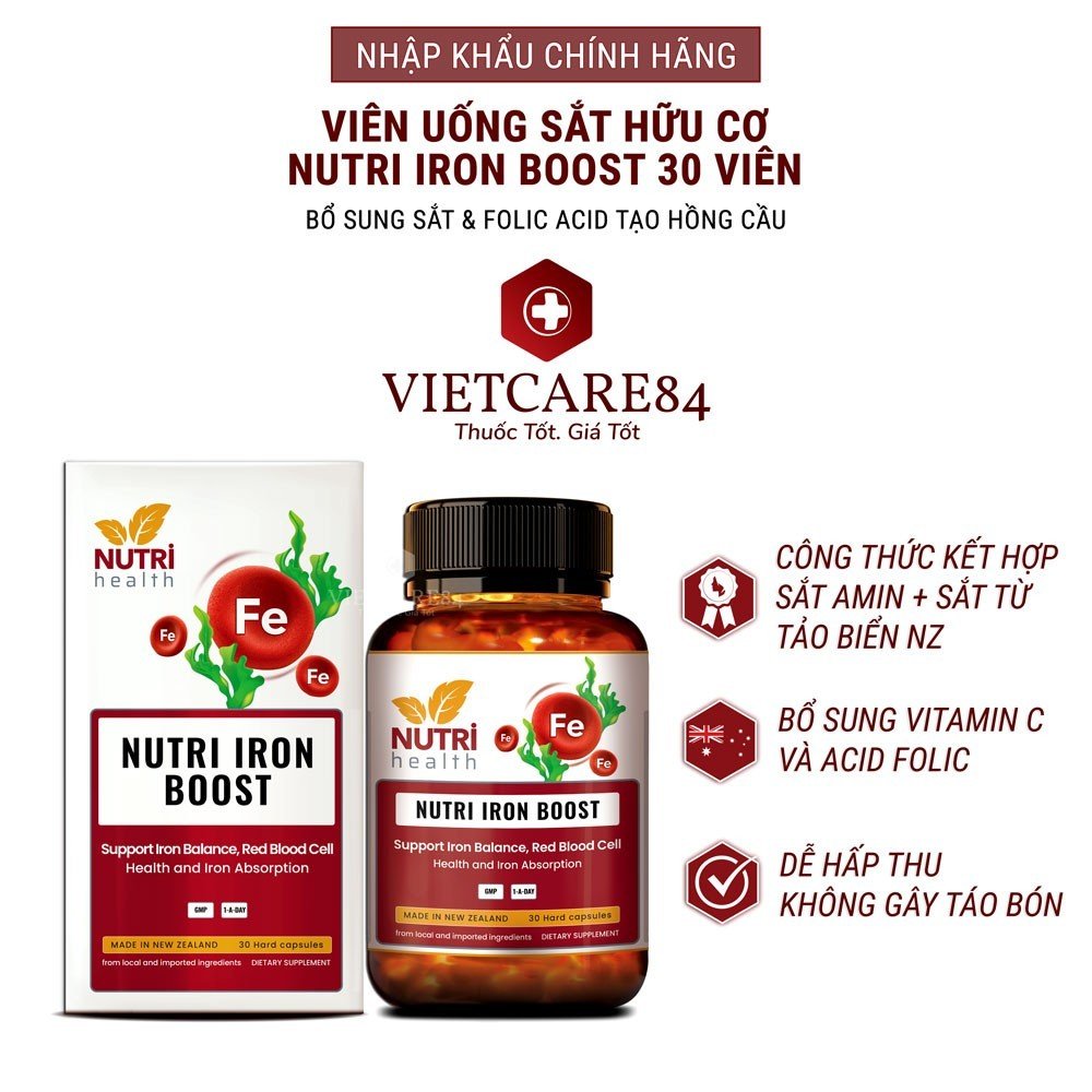 Viên uống bổ sung Sắt hữu cơ nhập khẩu chính hãng Nutri Iron Boost , giúp bổ sung Sắt, Acid Folic cho cơ thể, tạo hồng cầu, giảm nguy cơ thiếu máu do thiếu sắt