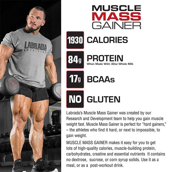 Combo Sữa tăng cân tăng cơ Muscle Mass Gainer của Labrada hương socola bịch 5.4 kg hỗ trợ tăng cân tăng cơ nhanh cho người gầy kén ăn, khó hấp thụ thức ăn tự nhiên &amp; Bình lắc 600 ml (Màu Ngẫu Nhiên)