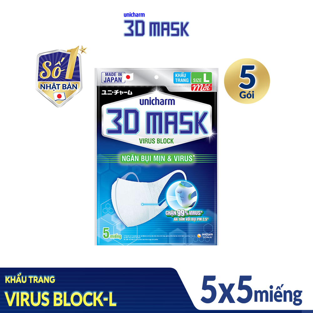 Bộ 5 Khẩu Trang Unicharm 3DMask Virus Block size L (Ngăn được bụi mịn PM2.5) gói 5 miếng