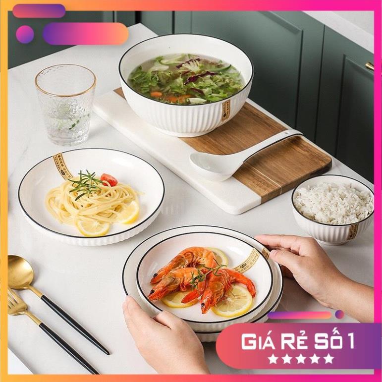 Bộ bát đĩa đẹp sang trọng màu trắng viền phong cách Phương Đông hiện đại BT-34 chi tiết