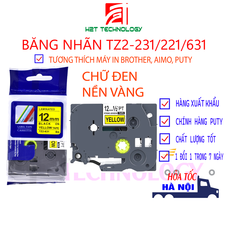 Băng nhãn Puty TZ2-231 chất lượng cao, chữ đen nền trắng, 12mm x 8m chất liệu ABS dành cho các loại máy in Puty, Aimo, Brother P-Touch