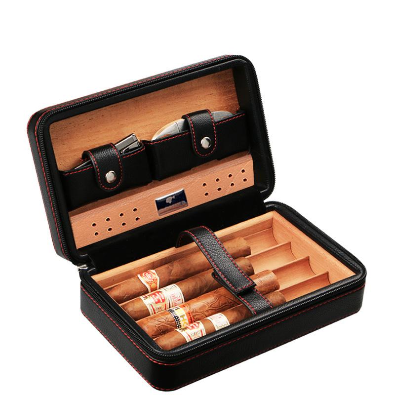 Hộp giữ ẩm Xì gà da trơn, COHIBA, gồm dao cắt và bật lửa