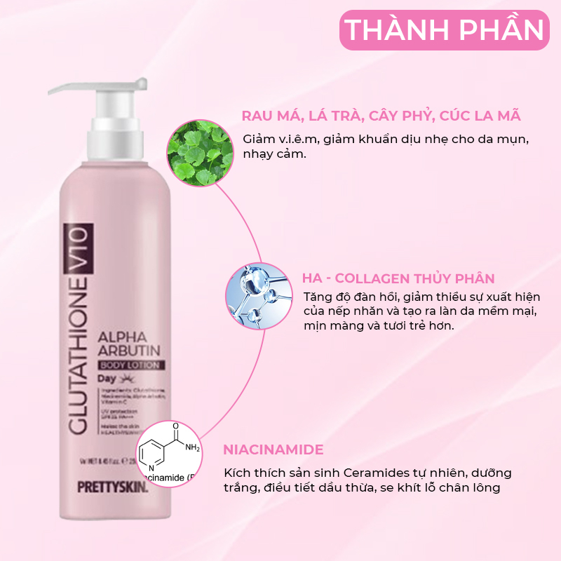 Kem Dưỡng Thể Trắng Da Chống Nắng Ban Ngày Pretty Skin Body Glutathione V10 Alpha Arbutin Body Lotion 250ml tặng móc khóa