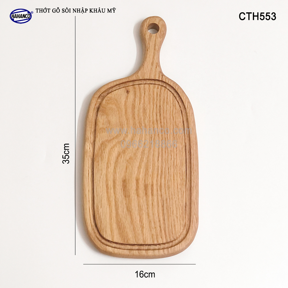 Thớt tay cầm gỗ Sồi Mỹ (OAK) có rãnh bao quanh tiện dụng (CTH553) hàng Xuất Khẩu Châu Âu - khay bánh mì/trái cây/ bít tết/ pizza/ phụ kiện chụp ảnh, bày món ăn trong nhà hàng - Sang trọng trên bàn ăn - HAHANCO