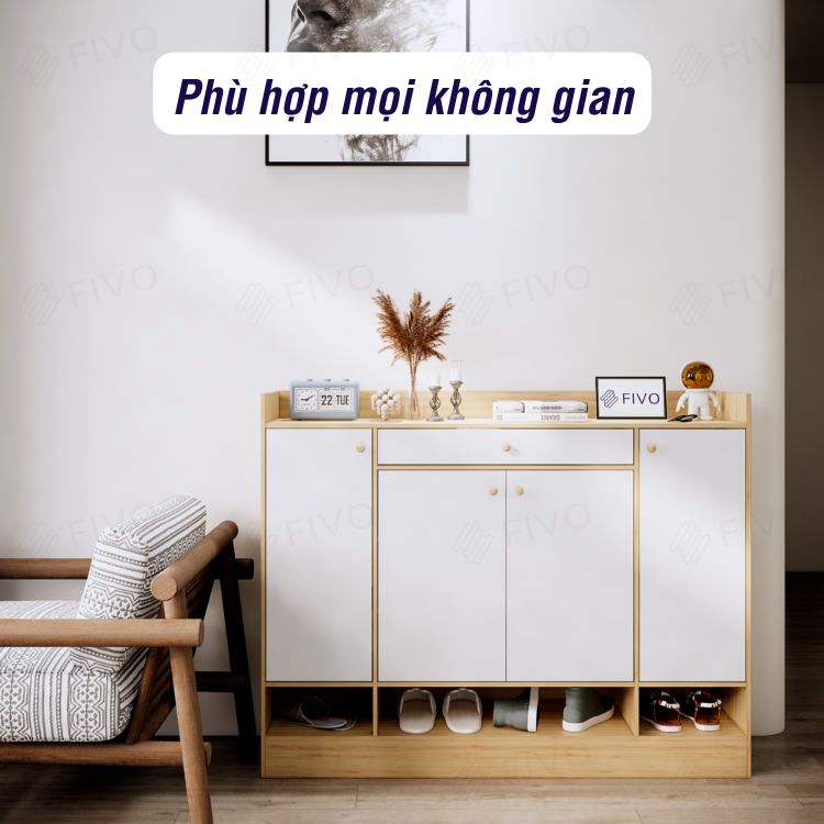 Tủ Kệ Giày Gỗ Chống Ẩm Cao Cấp FIVO FS52 Có Cửa, Ngăn Chứa Trong Tủ Lớn, Mặt Tủ Rộng Rãi, Kèm Hộc Tủ Ngang Giúp Đựng Vật Dụng Thường Dùng - Ngang 120cm