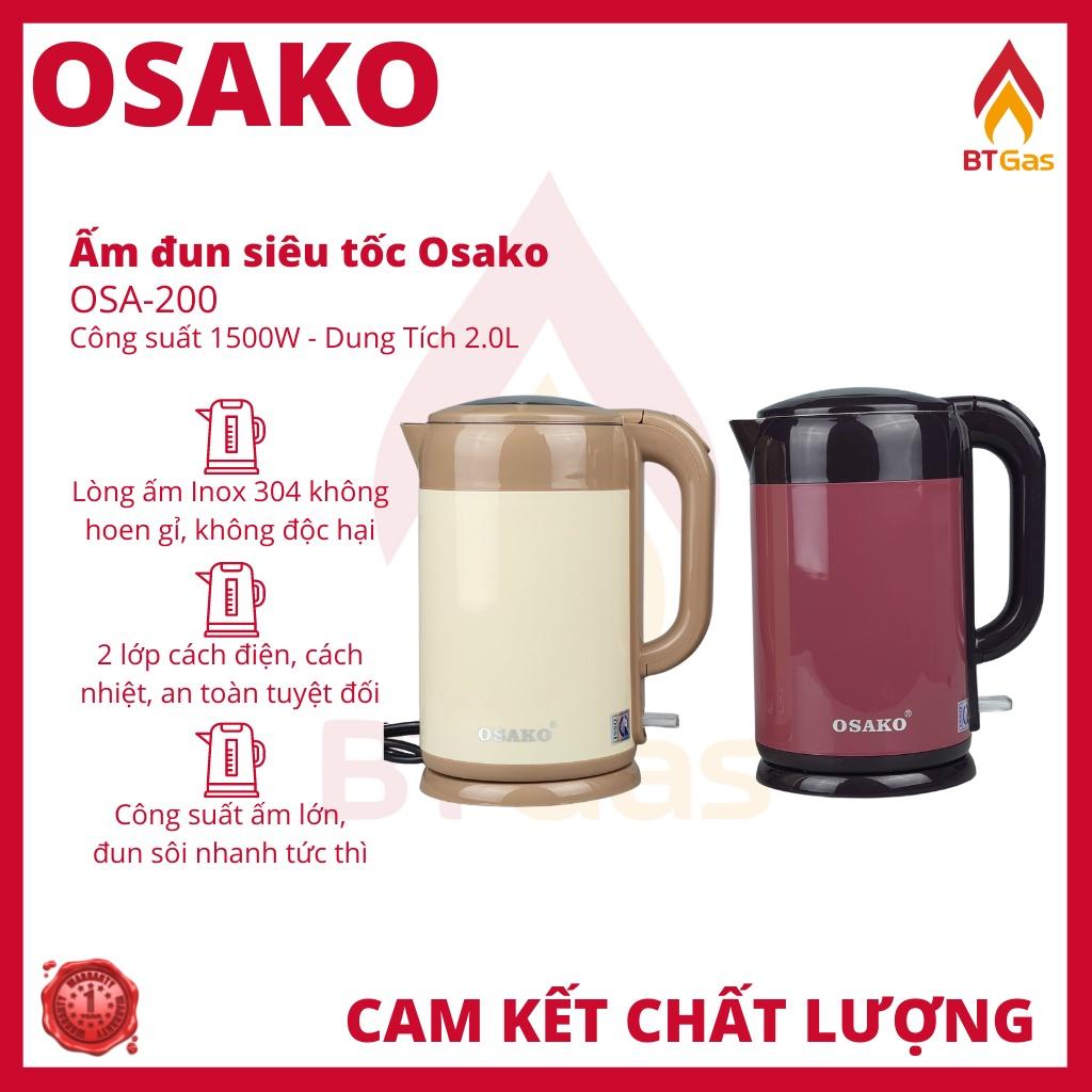 Ấm đun siêu tốc 2 lớp Inox 304 Osako OSA-200 công suất 1500W dung tích 2 Lít - Hàng chính hãng