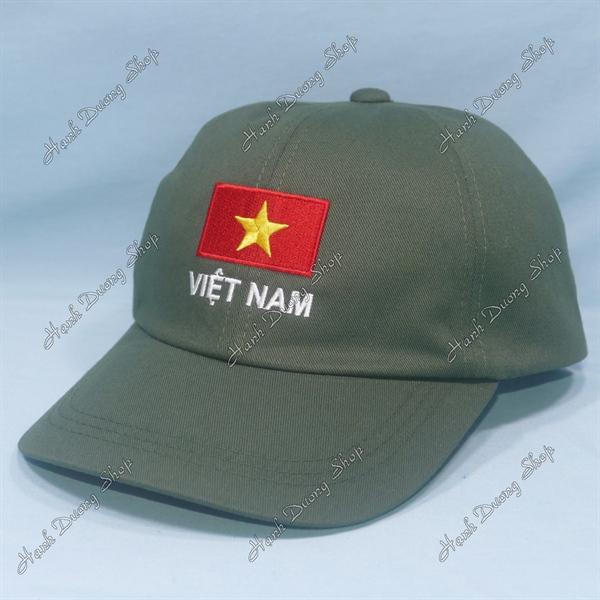 Nón kết thêu lá cờ Việt Nam có khóa dán phía sau vòng đầu 56-60cm - Rêu đậm