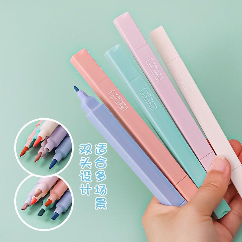 Sét 6 Bút highlight pastel 2 đầu, bút đánh dấu nhớ dòng morandi trang trí sổ bullet journal văn phòng phẩm