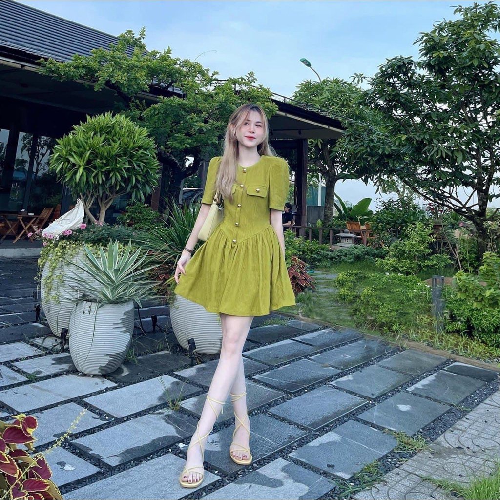 Váy xanh cốm vân sóng cúc đồng dáng xoè tiểu thư - Đầm tay ngắn xếp li tay ngắn xanh bơ sang chảnh