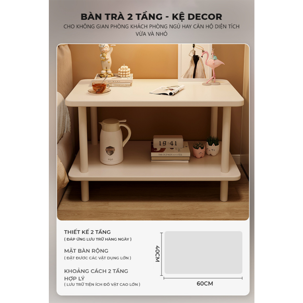 Bàn Trà 2 Tầng Mặt Bàn Phủ Melamin Chống Nước Chân Sắt Tĩnh Điện An Toàn AM143
