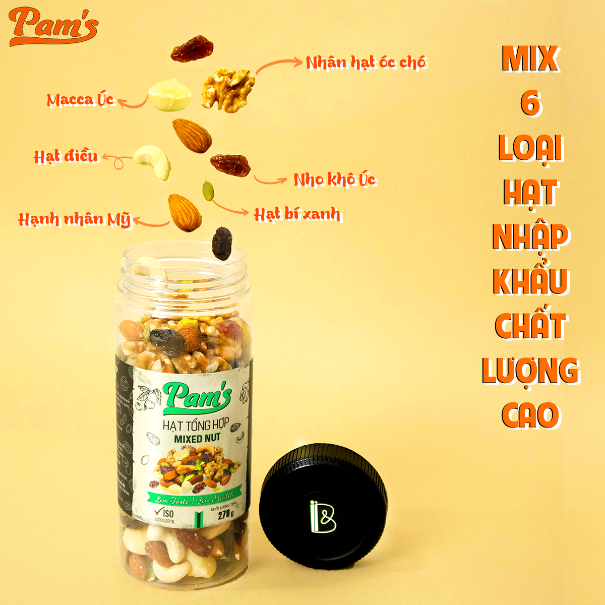 Hạt Dinh Dưỡng Tổng Hợp Mix 6 Loại Macca, Hạnh Nhân, Hạt Điều, Nhân Hạt Óc Chó, Hạt Bí, Nho Úc Pams