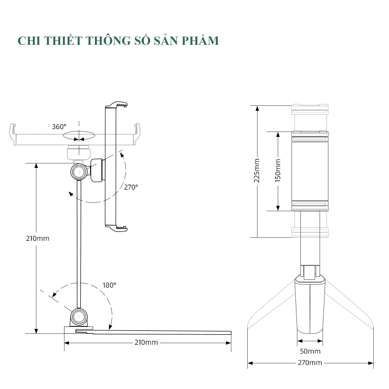 Giá Đỡ Điện Thoại Máy Tính Bảng (4-12 inches) Đề Bàn Hoặc Treo Tường Hợp Kim Nhôm Nguyên Khối Cao Cấp – Gấp Gọn Tiện Lợi – Hàng Chính Hãng