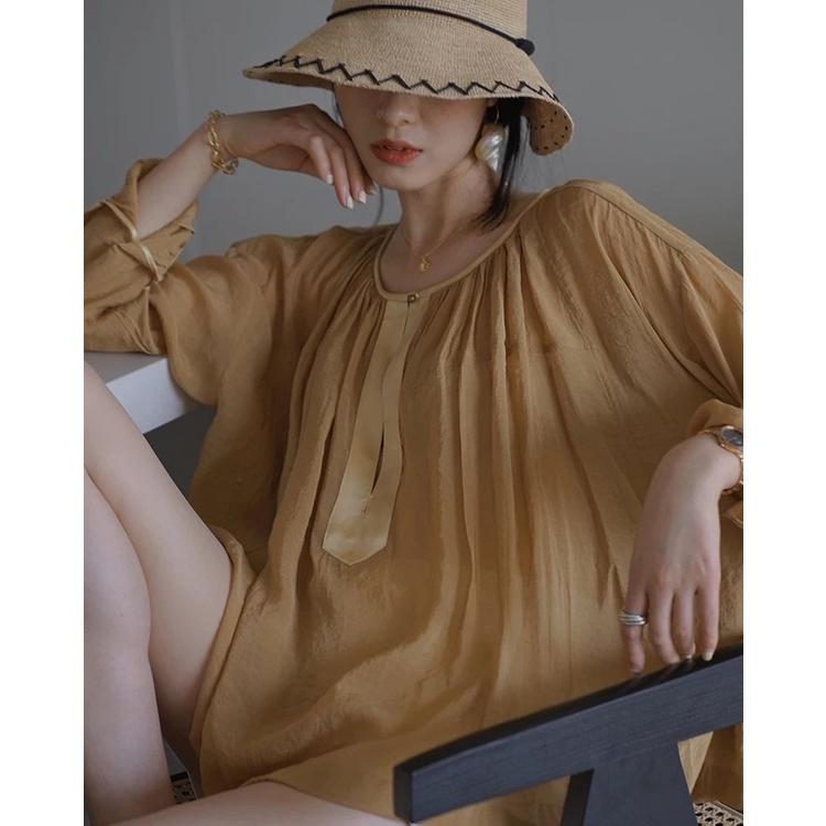 Áo tơ nâu vàng công sở