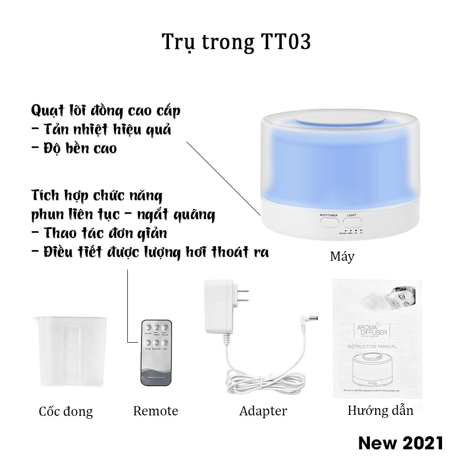 Máy xông tinh dầu siêu âm cao cấp 550ml - Đèn LED 7 màu - Chế độ máy khuếch tán tinh dầu mạnh - Hẹn giờ tự tắt - Xông hơi liên tục 24h - Kèm Remote - Tặng 1 tinh dầu 10ml