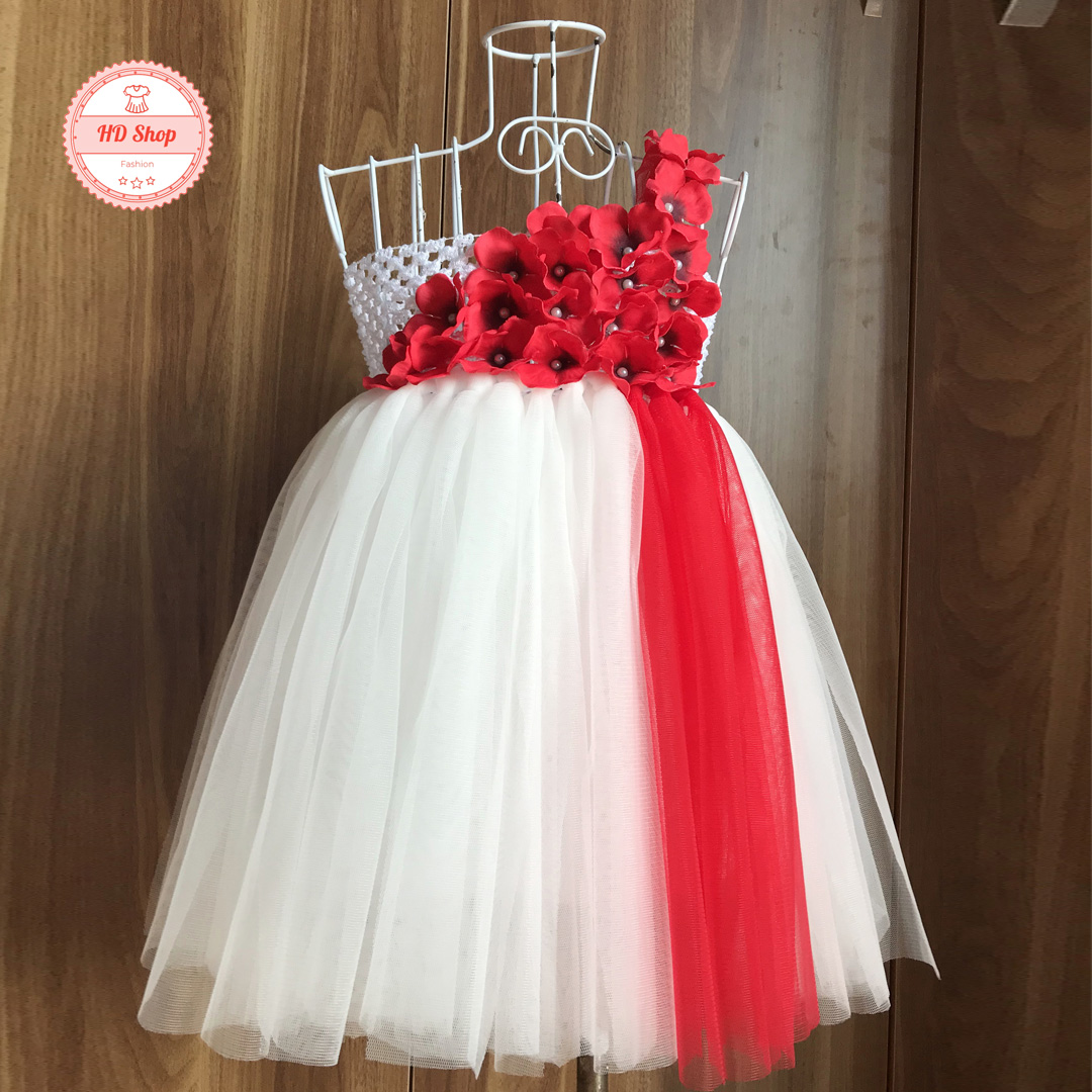 Váy đầm bé gái ️Đầm công chúa trắng dải đỏ tú cầu cho bé gái