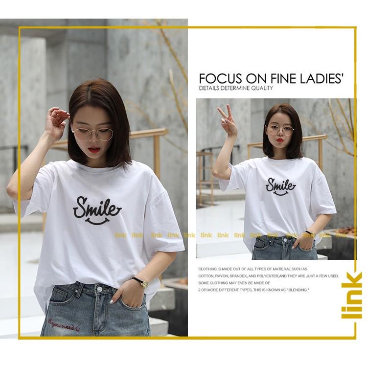 Áo thun trắng cổ tròn tay lỡ SMILE đáng yêu unisex