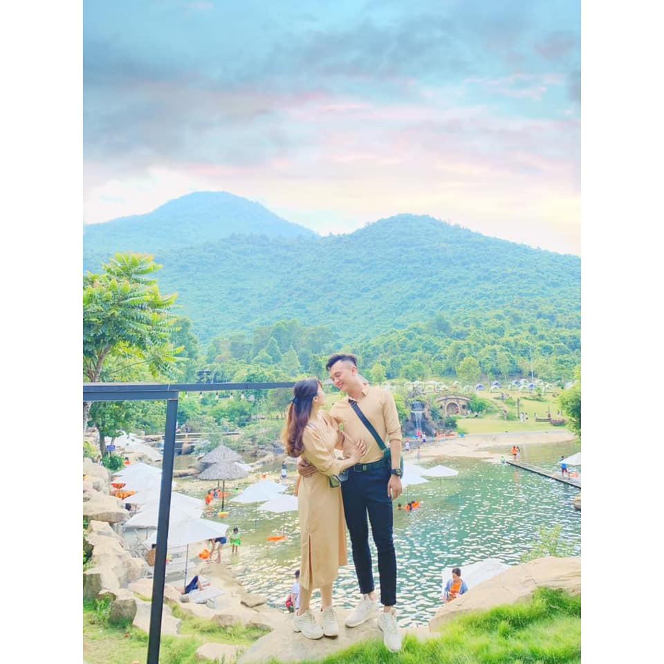 Áo đôi nam nữ - Set áo váy sơ mi thời trang Hàn Quốc dáng dài cổ vuông buộc eo màu be -HQCOUPLE- AV73