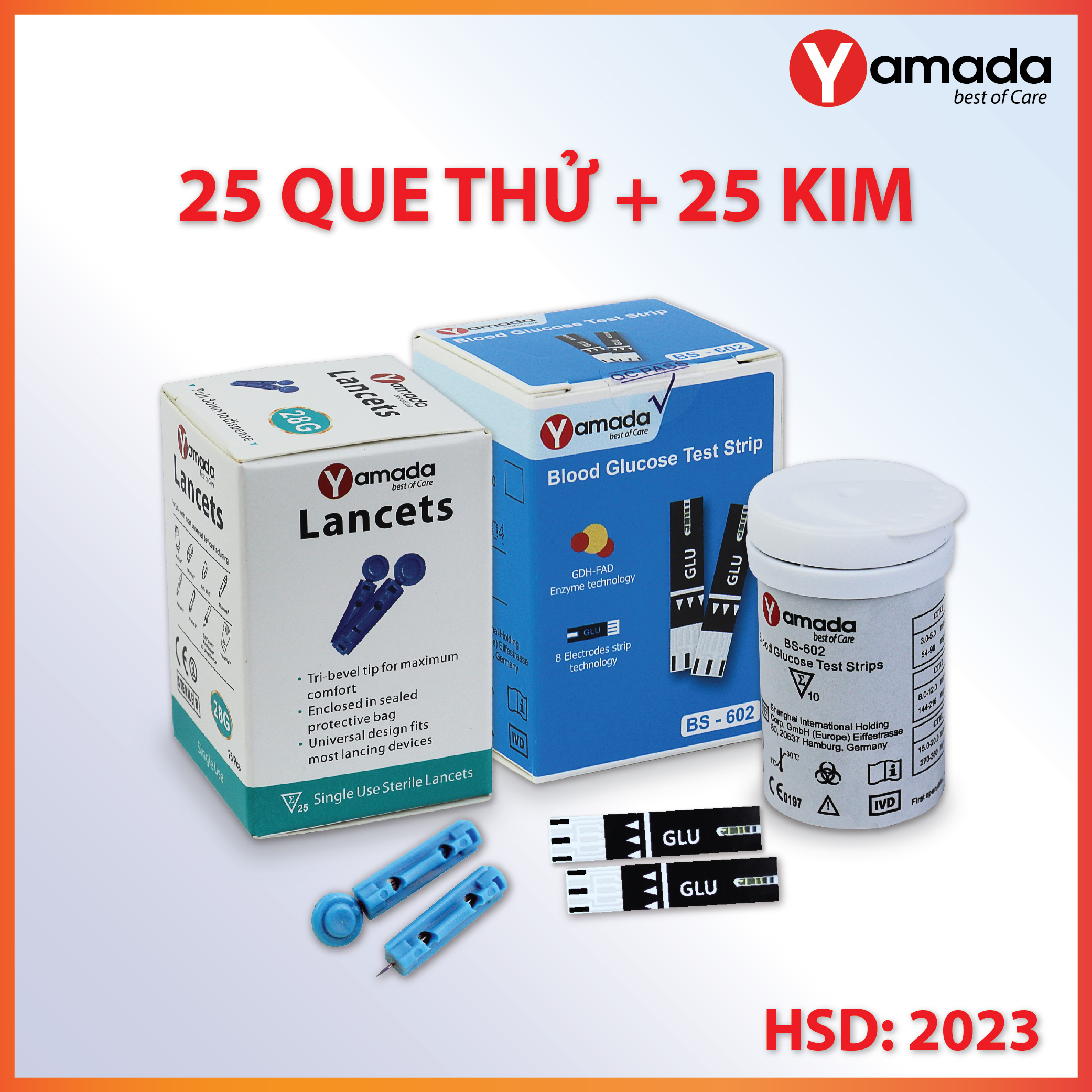 Hộp 25 que thử tiểu đường Yamada BS602 tặng kèm 25 kim, men GDH-FAD, 8 điện cực