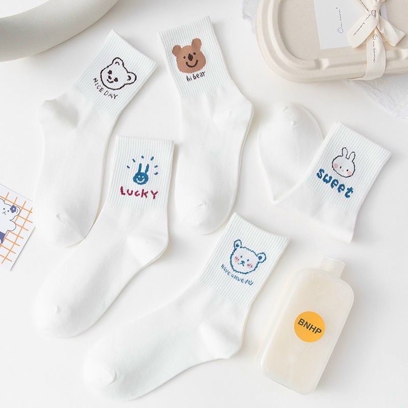 Set 5 Đôi Tất Nữ Cổ Cao Họa Tiết Dễ Thương, Chất Liệu Cotton Cao Cấp Mềm Mại, Thoáng Khí