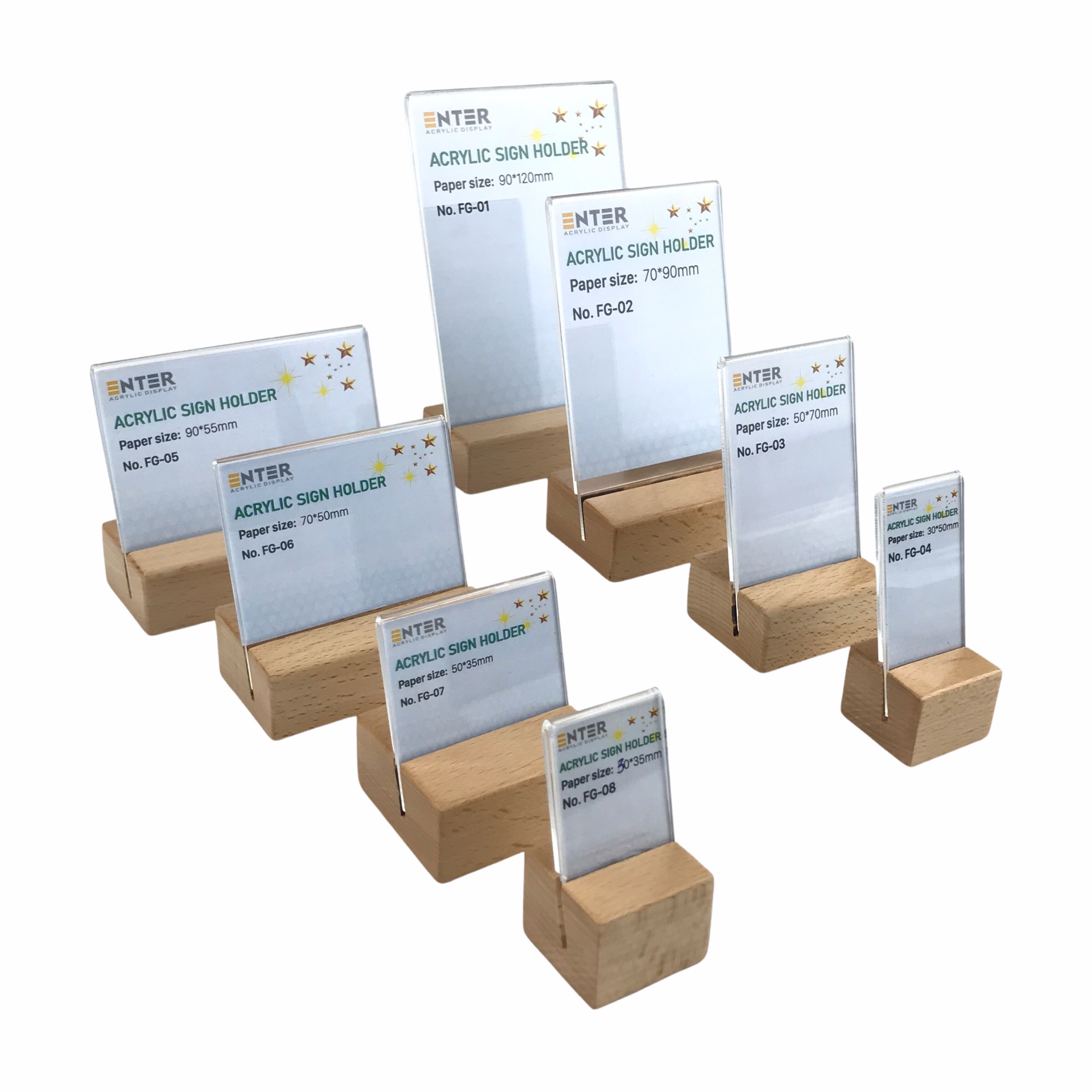 Kệ mica 1 mặt đế gỗ Enter FG-05 90x55mm, Kệ thông tin sản phẩm, Standee mica để bàn, Bảng quét mã QR Code
