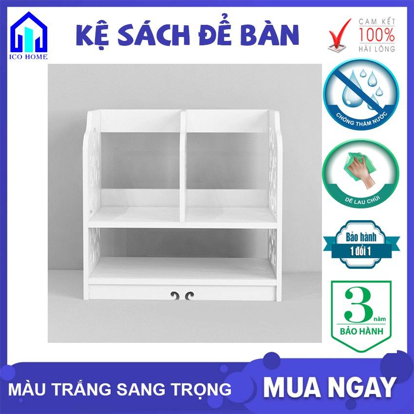 Kệ sách để bàn bằng gỗ hoa văn đẹp dễ dàng lắp ghép có nhiều ngăn, để bàn học bàn làm việc văn phòng - ICO HOME