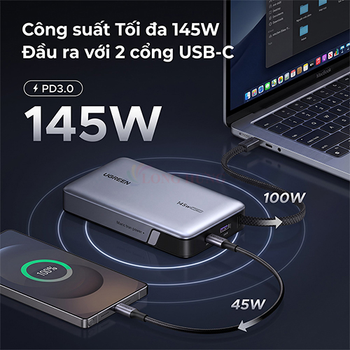 Sạc dự phòng Ugreen Power Bank Built-In Dual Cable 25cm 1USB 2Type-C 145W 20000mAh PB551 55992B - Hàng chính hãng
