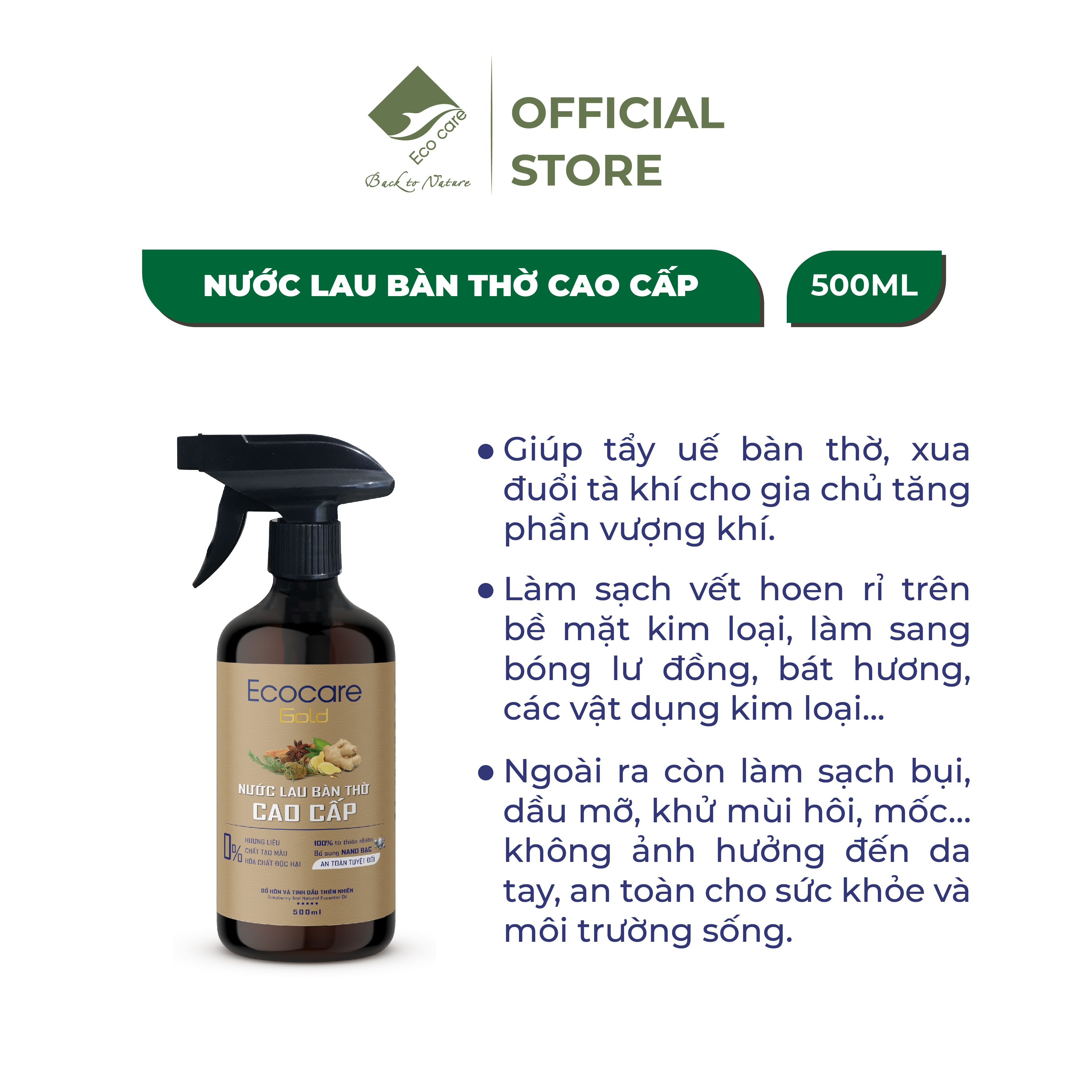 Nước Lau Bàn Thờ Cao cấp Ecocare 300ml kết hợp giữa Trầm Hương và Quế giúp tẩy uế, mang lại vượng khí