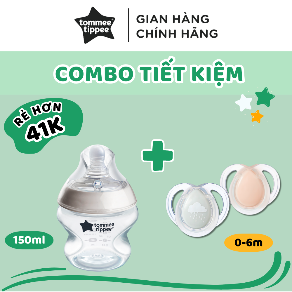 COMBO Ty Ngậm Dạ Quang Tommee Tippee Night Time 0-6m & Bình Sữa Ty Siêu Mềm Tự Nhiên Tommee Tippee Natural Start 150ml