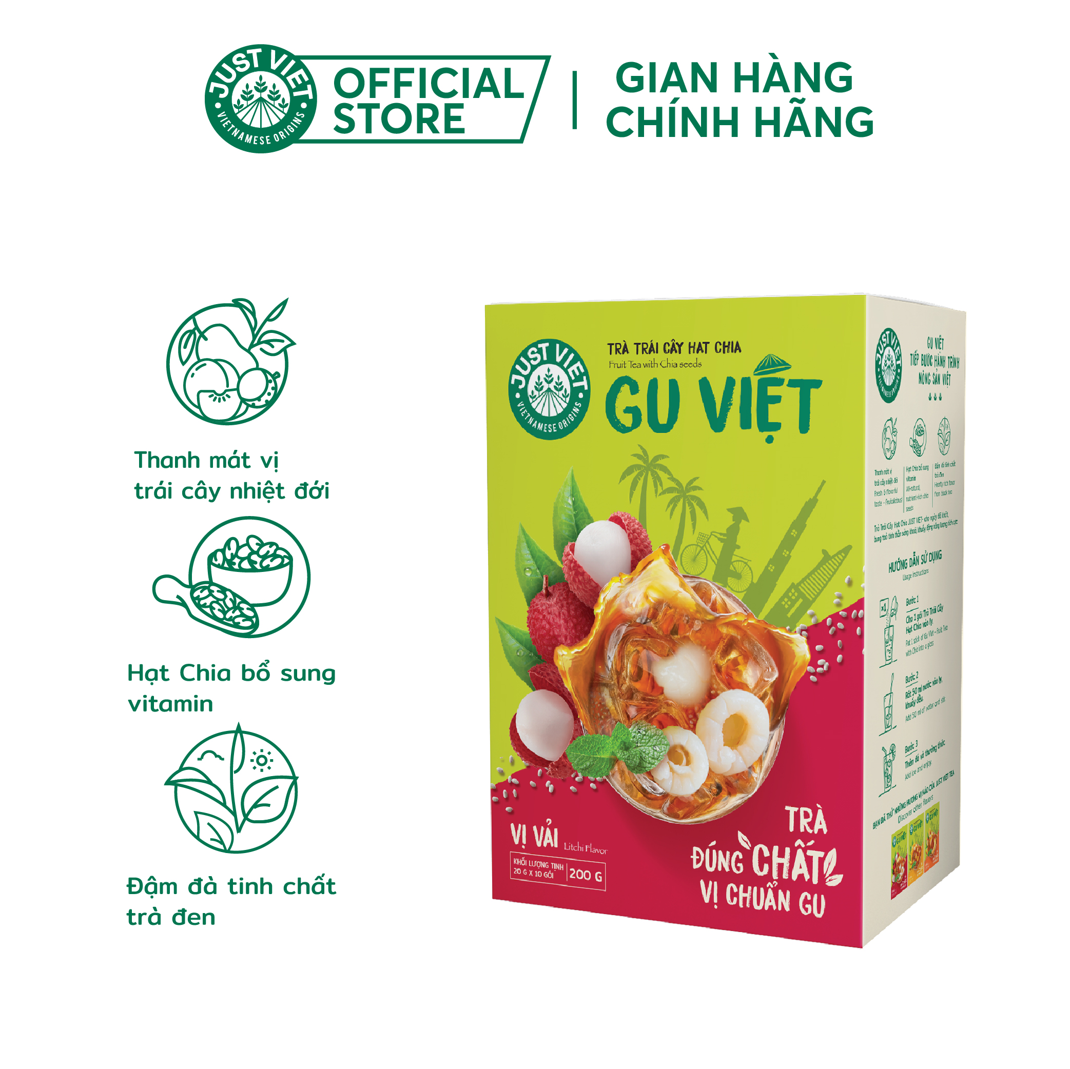 Trà Trái Cây Hạt Chia Just Viet - Vị Vải - Hộp 10 gói