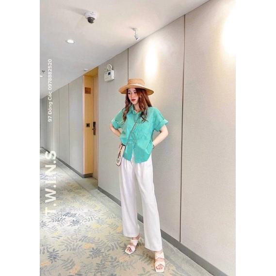 Set bộ đồ nữ áo xanh quần trắng siêu xinh thời trang BANAMO FASHION 193