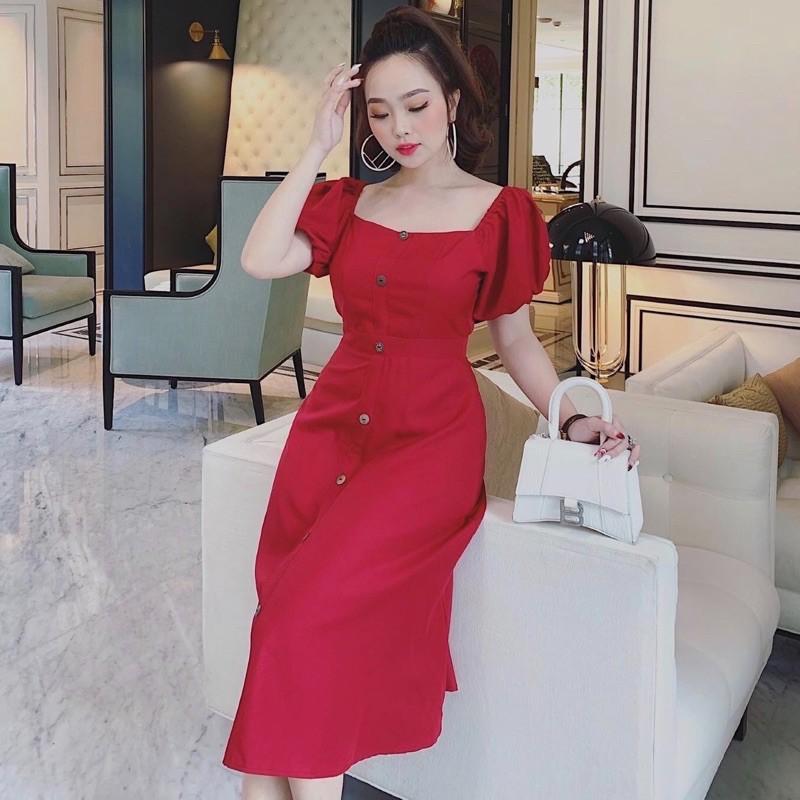 Đầm Dài Suông Đỏ Cổ Vuông