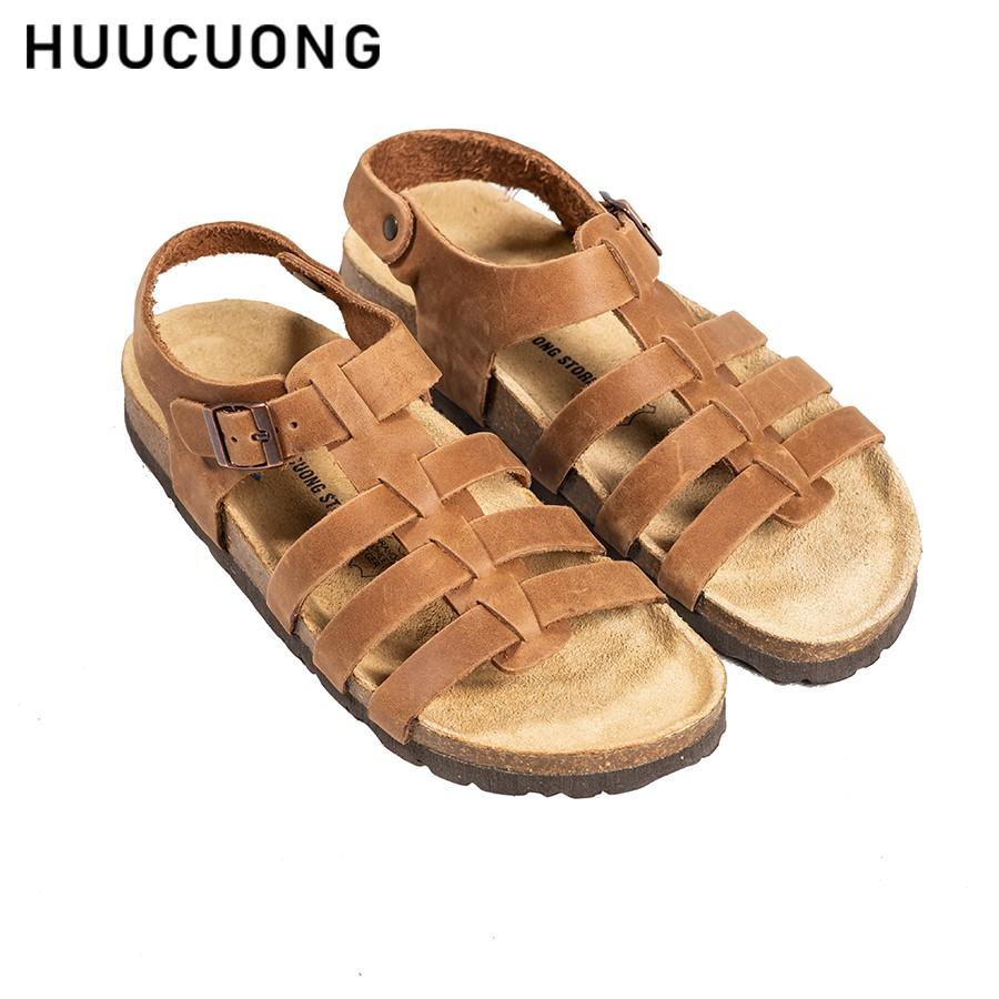 Sandal HuuCuong chiến binh da bò nâu đế trấu