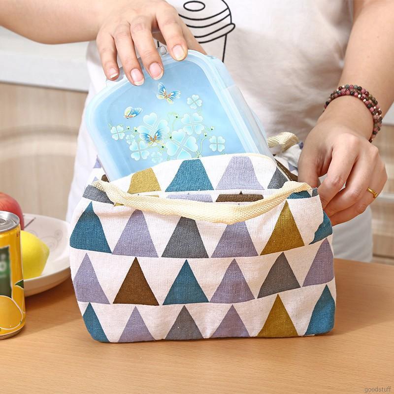 Túi đựng hộp đồ ăn xách tay mang đi picnic in họa tiết cá tính bằng cotton lanh