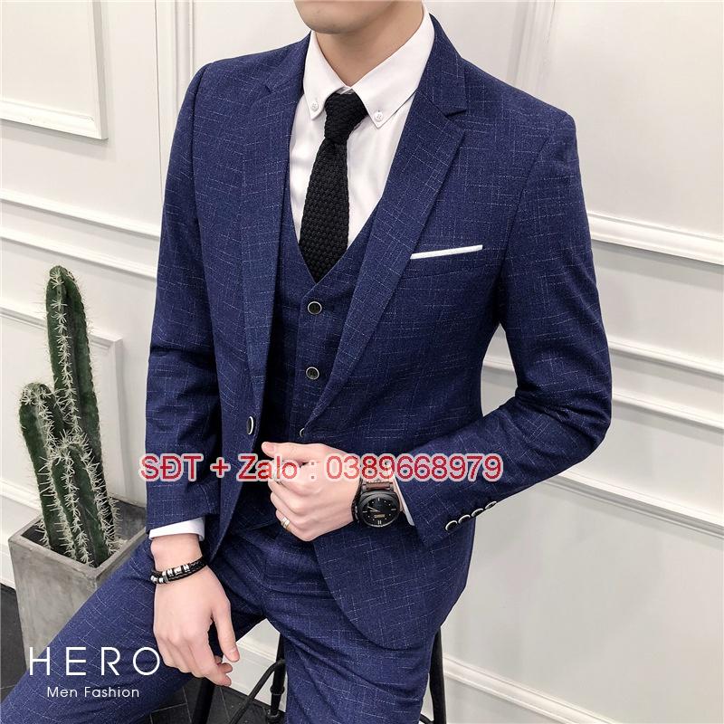 Bộ Vest Nam Cao Cấp Hàn Quốc Kẻ Xanh Than, Bộ Suit Nam thanh niên Kẻ xanh chất vải sịn