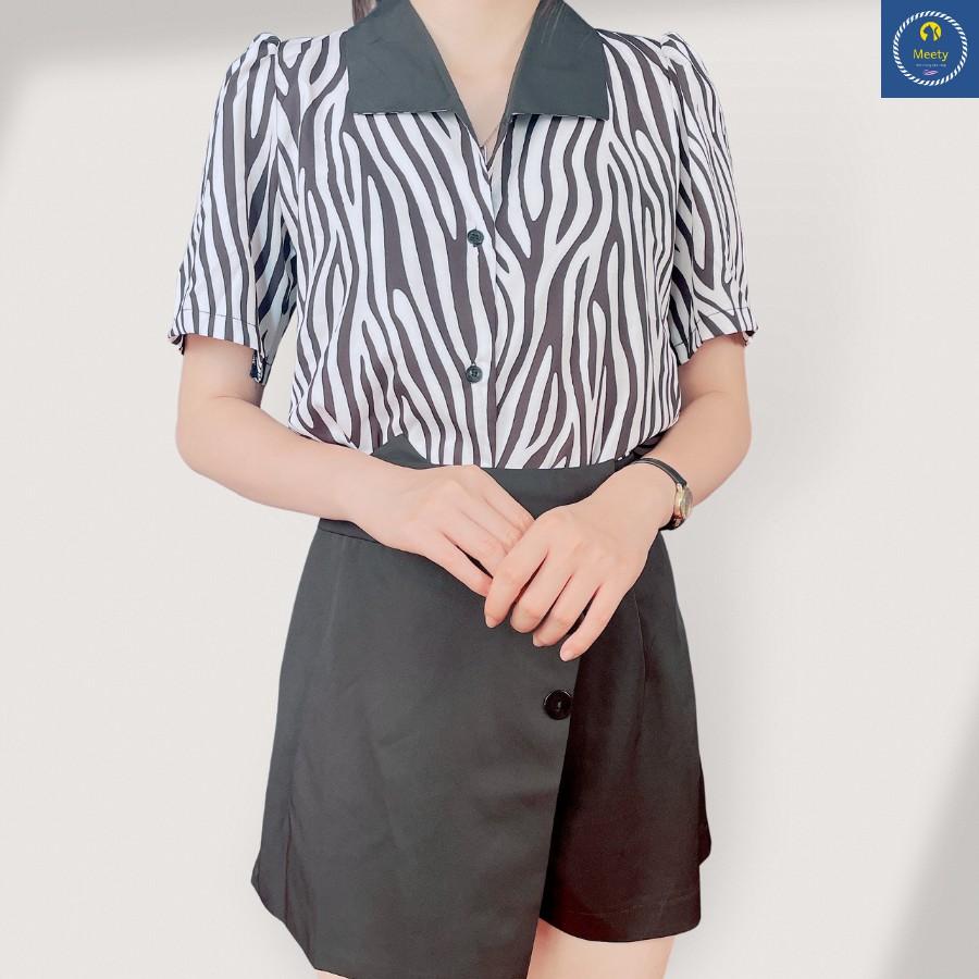 Set Áo Sơ Mi Họa Tiết Áo Sơ Mi Ngắn Tay Cổ Vạt Mix Quần Short Giả Váy Vải Voan Cá Tính, Xinh Xắn- Meety