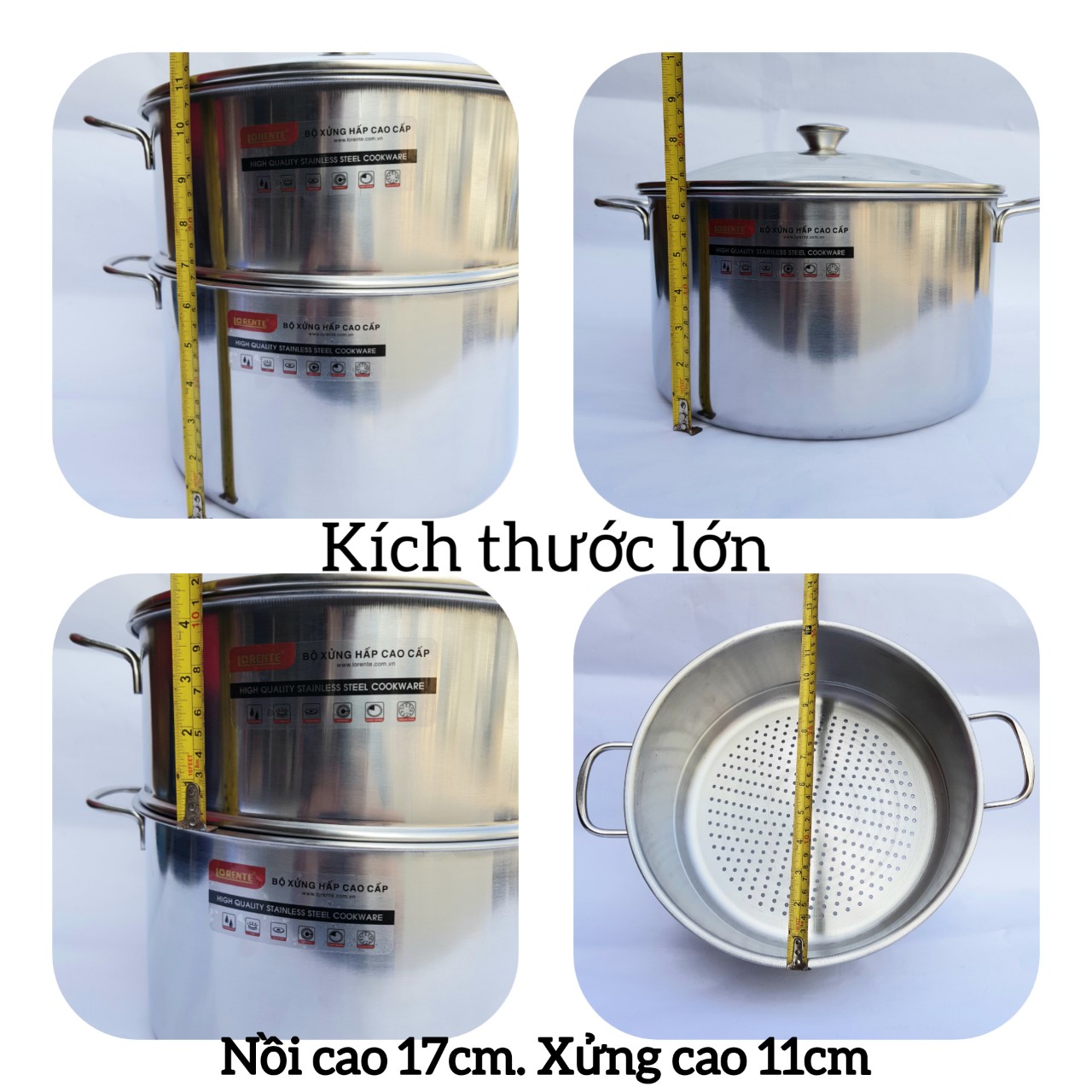 Bộ nồi Luộc gà Kèm xửng hấp Inox, Nắp kính Lorente - Hàng chính hãng