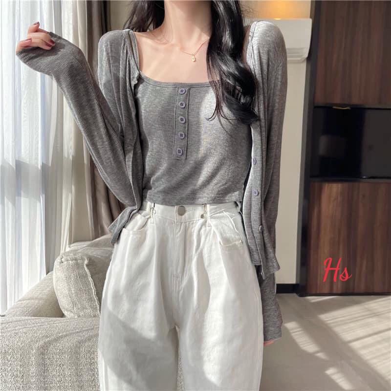 Set Áo Cardigan Kèm Áo 2 Dây Hàng Cúc Giữa, Bộ Áo Dài Tay Nữ Cotton 4 Màu