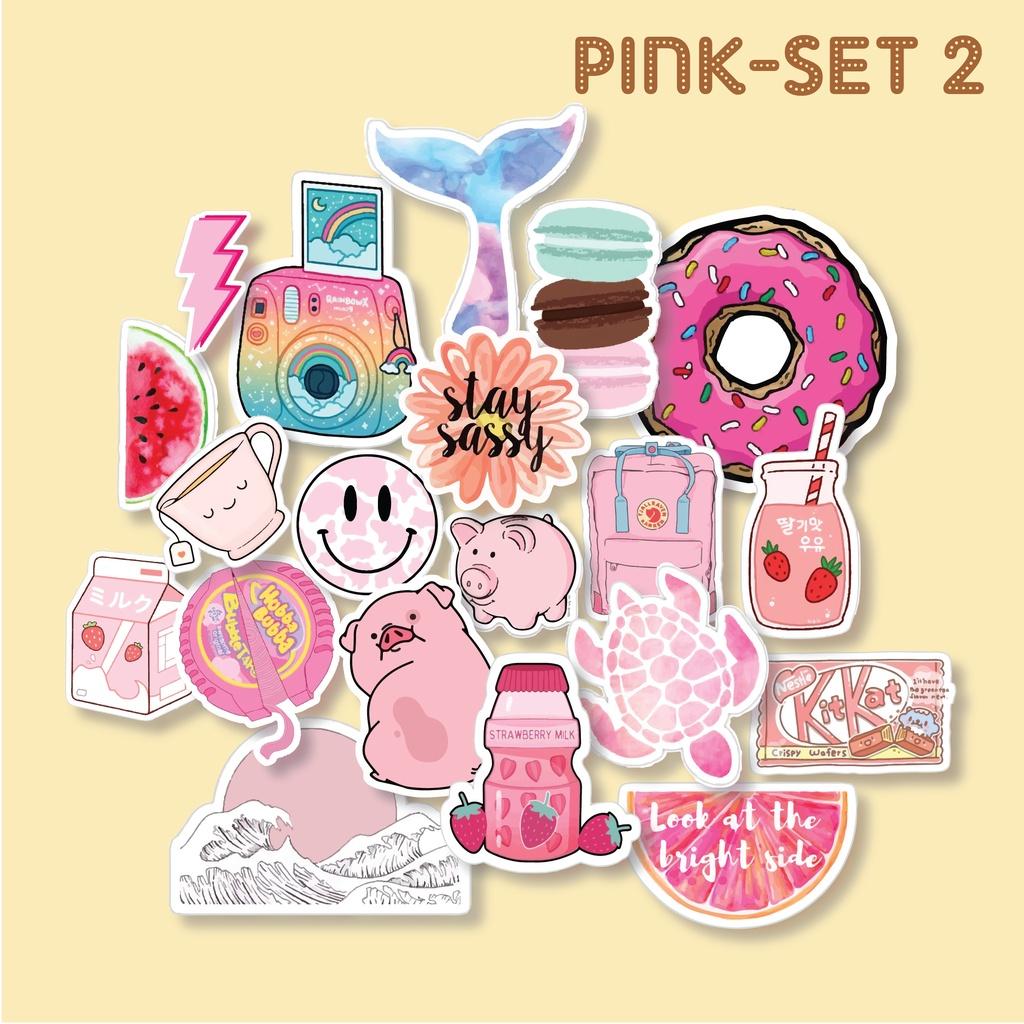 Bộ 20 sticker Pink tone nhãn dán màu hồng pastel trang trí mũ bảo hiểm, đàn, guitar, ukulele, điện thoại laptop